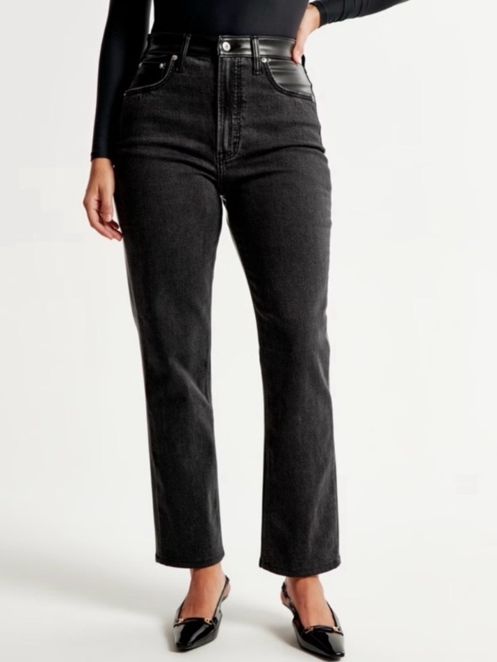 Abercrombie Mixed Fabric Curve Love Ultra High Rise Ankle Straight Jean
